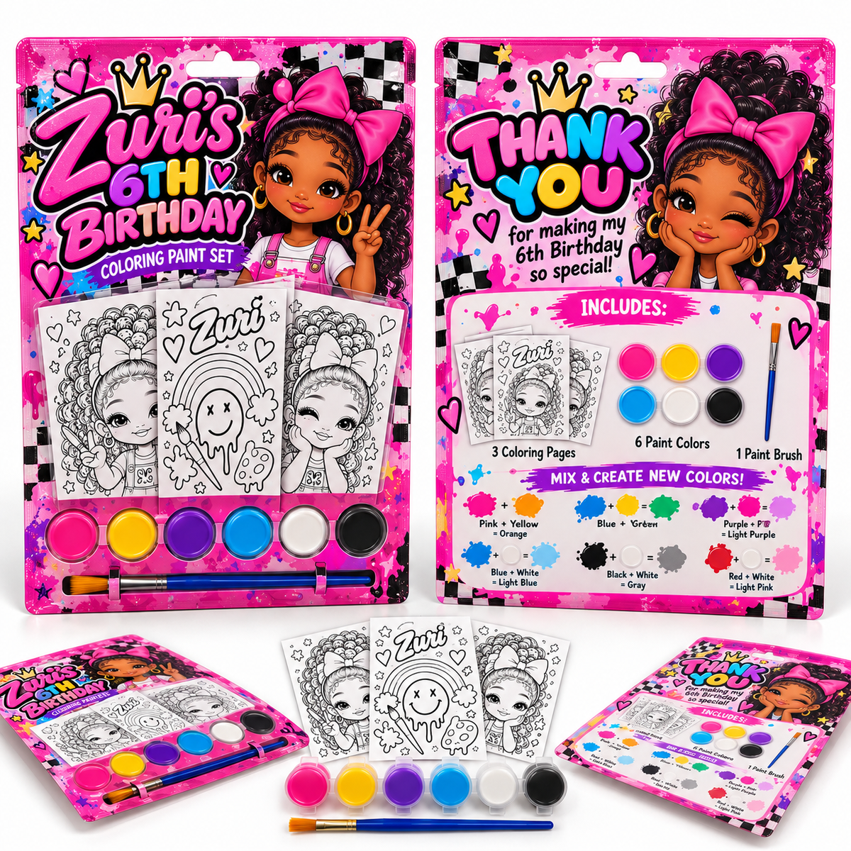 A children's birthday coloring paint set displayed in two retail packages with three coloring pages, paint pots, a paintbrush, and paint palettes. The packaging features a cartoon girl with a pink bow and the text 'Zuri's 6th Birthday' and 'THANK YOU for making my 5th birthday so special!'.