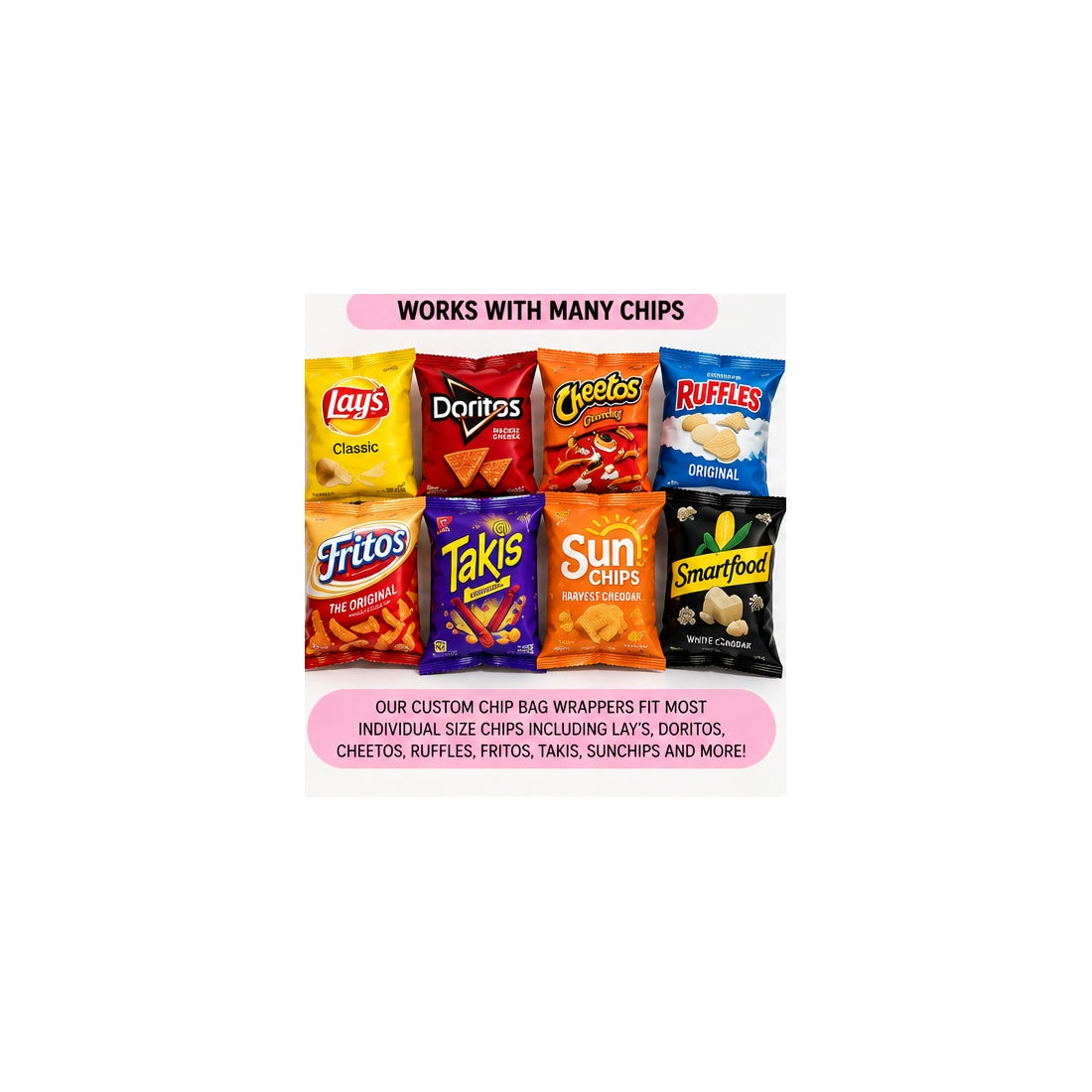 Examples of individually packaged snacks suitable for custom chip bag wrappers, no Pringles
