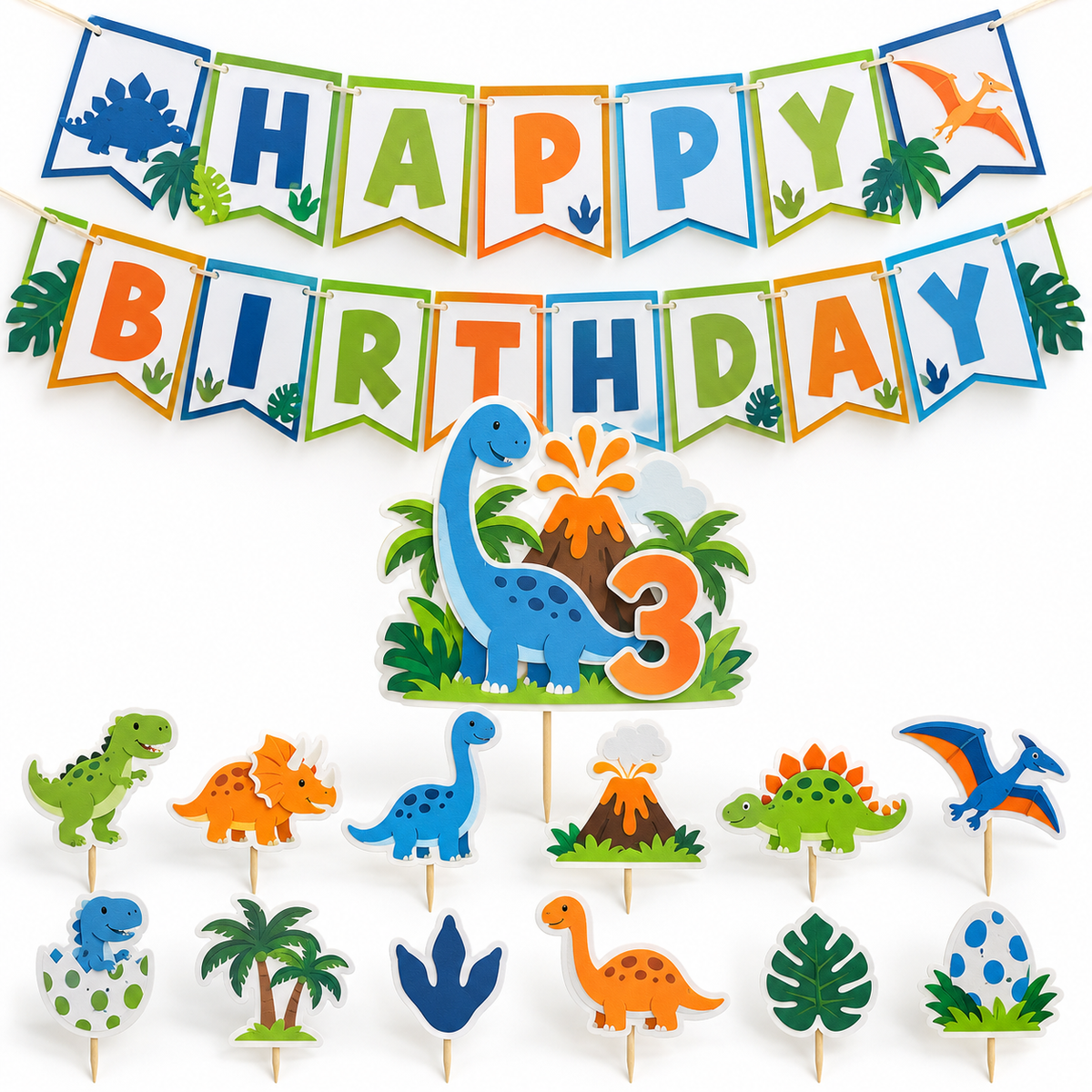 Starter Pack custom dinosaur-theme example with a cake topper, Happy Birthday banner, and twelve cupcake toppers