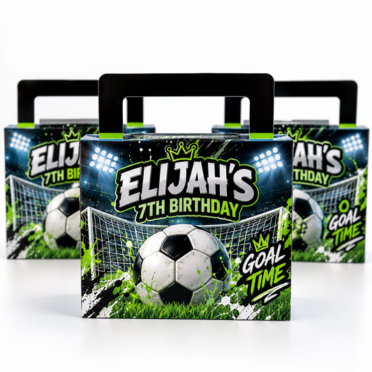 Three soccer-themed party favor boxes with black handles, featuring a soccer ball, goal net, grass, and stadium lights on the front, with the text 'ELIJAH'S 7TH BIRTHDAY' and 'GOAL TIME'.