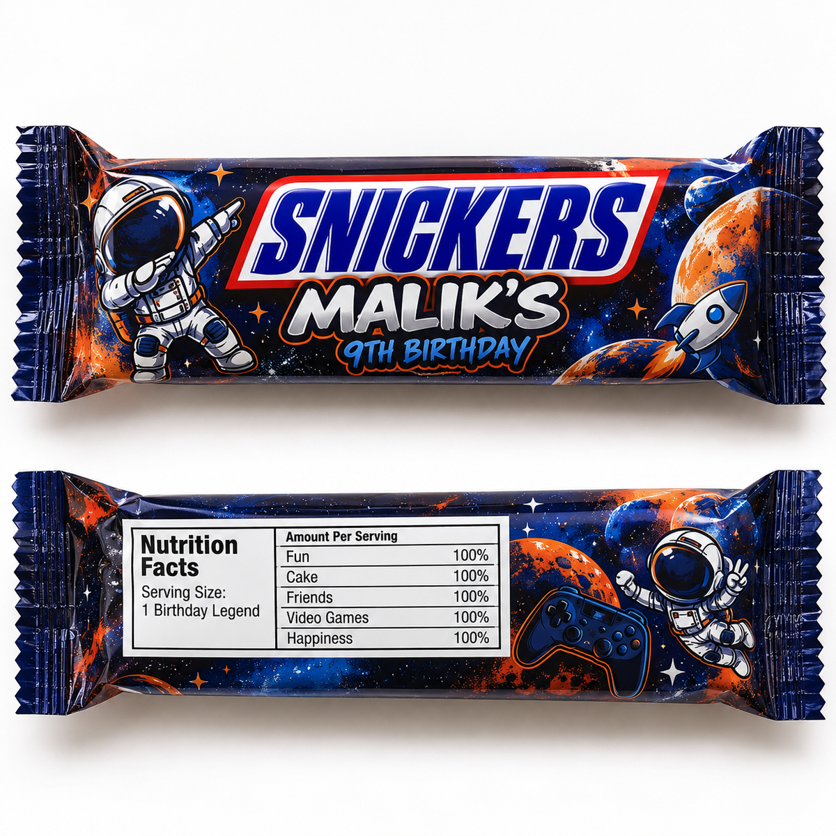 Two custom Snickers-style candy bars with a space theme, one showing the front packaging with astronaut and planet graphics, and the other showing the nutrition facts panel, on a white background.