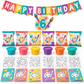 Art Studio custom rainbow-theme example with cake topper, banner, chip bags, modeling dough, coloring cards, and coloring books
