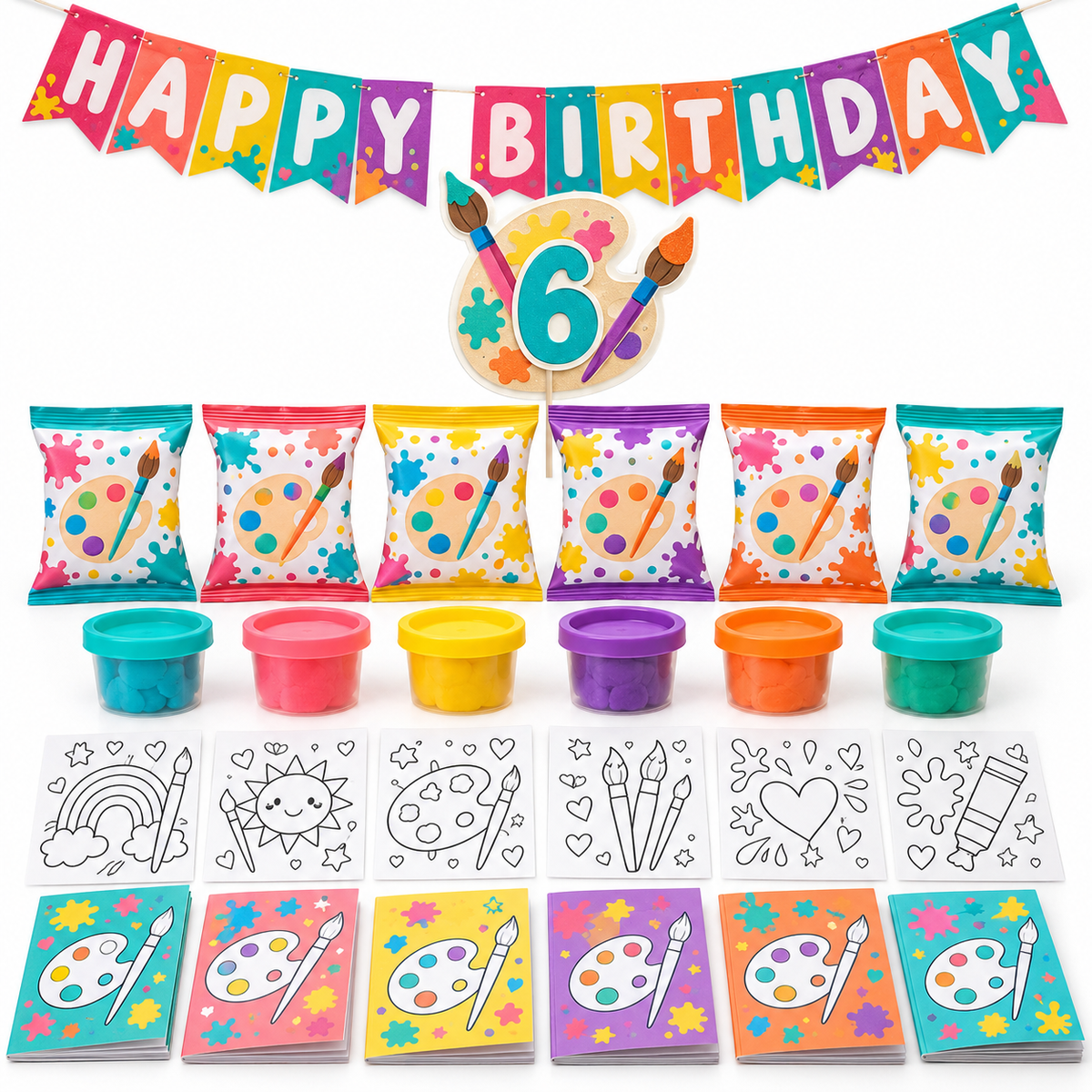 Art Studio custom rainbow-theme example with cake topper, banner, chip bags, modeling dough, coloring cards, and coloring books