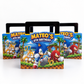 Three Sonic-themed party favor boxes with black handles, featuring colorful artwork of Sonic, Tails, and Knuckles with the text 'MATEO'S 8TH BIRTHDAY' on a white background.