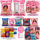 Custom chip bags with various party themes, front and back designs and snack examples excluding Pringles