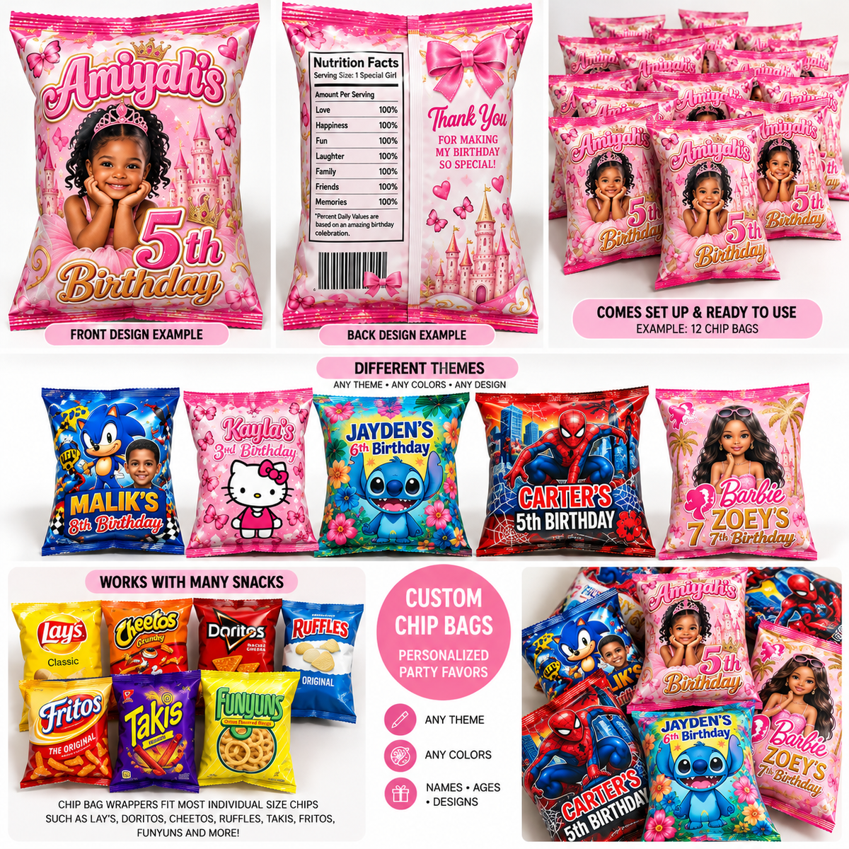 Custom chip bags with various party themes, front and back designs and snack examples excluding Pringles