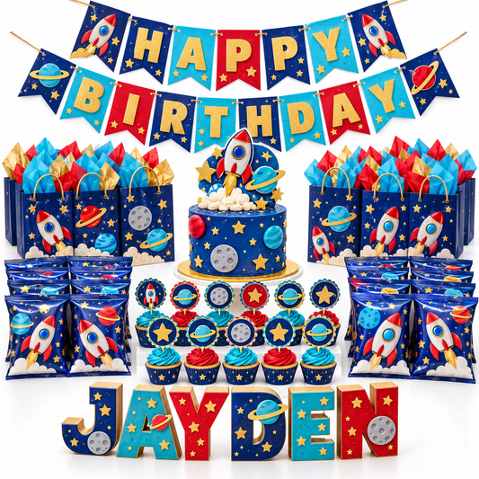 Epic Party custom space-theme example with cake topper, banner, cupcake toppers, gift bags, chip bags, and dimensional letters