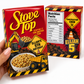 A hand holds a red construction-themed cereal box labeled 'Stove Top' with a bowl of cereal and construction vehicle graphics. A second view of the same box is shown behind it, displaying the Nutrition Facts panel and a yellow 'Construction Crew' badge with 'Elijah 5'.