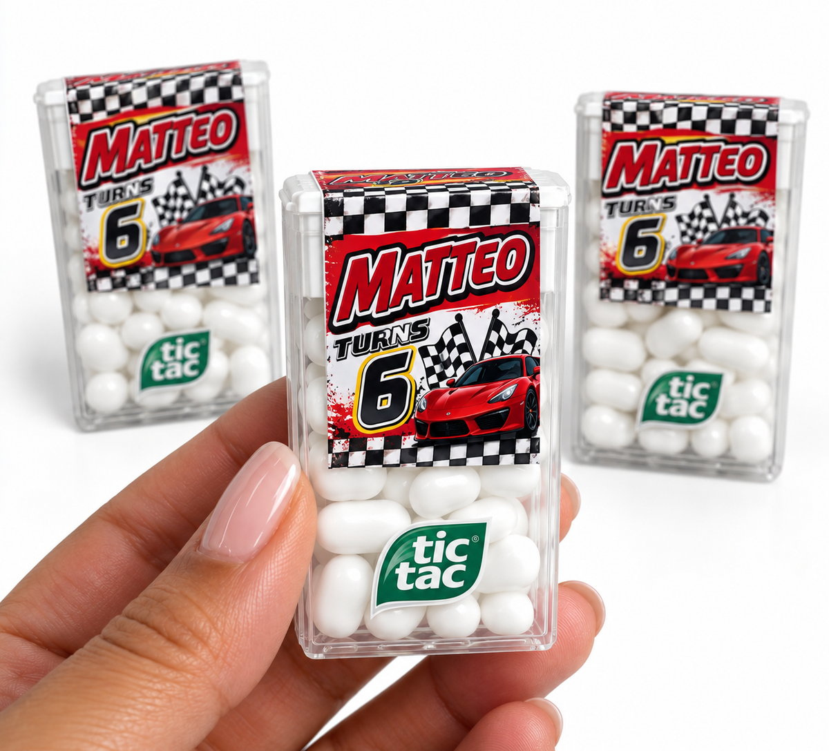 Personalized Tic Tac party favors with red race car birthday labels for Matteo’s 6th birthday