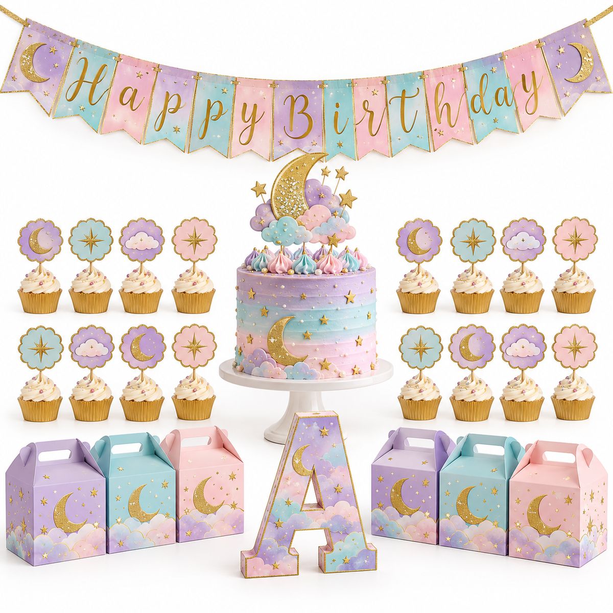 Mini Party custom celestial-theme example with cake topper, banner, cupcake toppers, gable boxes, and a dimensional letter