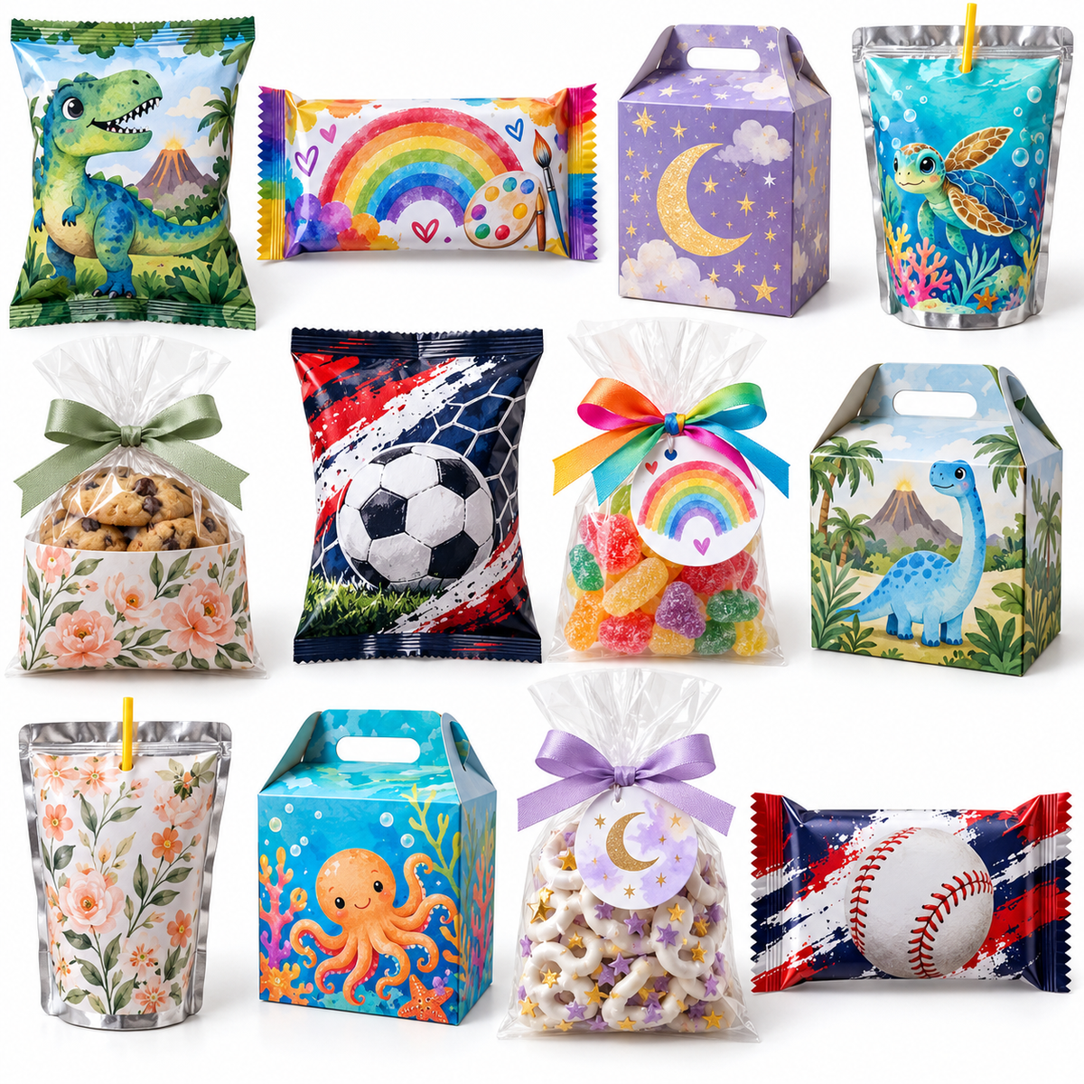 Fully Assembled party bundle showing filled and sealed favors in varied selectable treat styles and themes