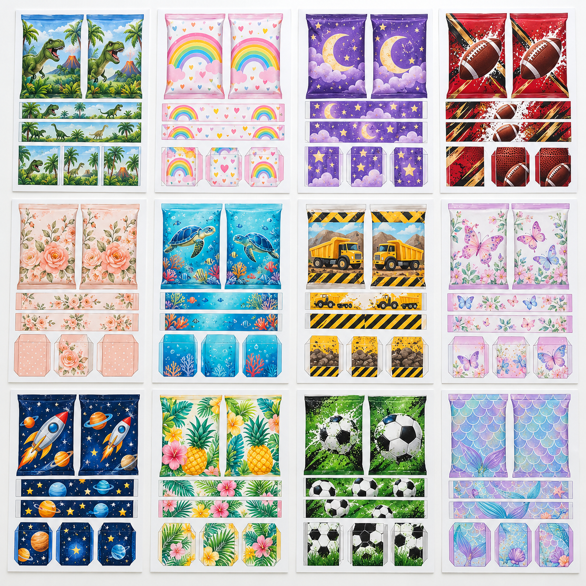 Print Only party bundle showing flat printed sheets for varied treat styles and personalized themes
