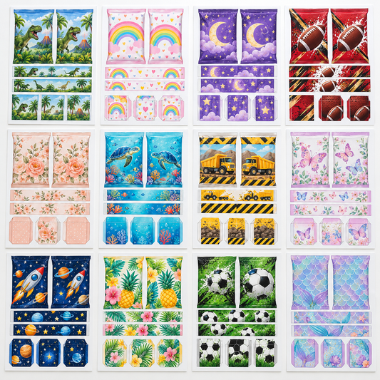 Print Only party bundle showing flat printed sheets for varied treat styles and personalized themes