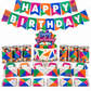 Shake It Up Party custom geometric-theme example with cake topper, banner, shaker snack-can favors, mini spread boxes, and chocolate bars