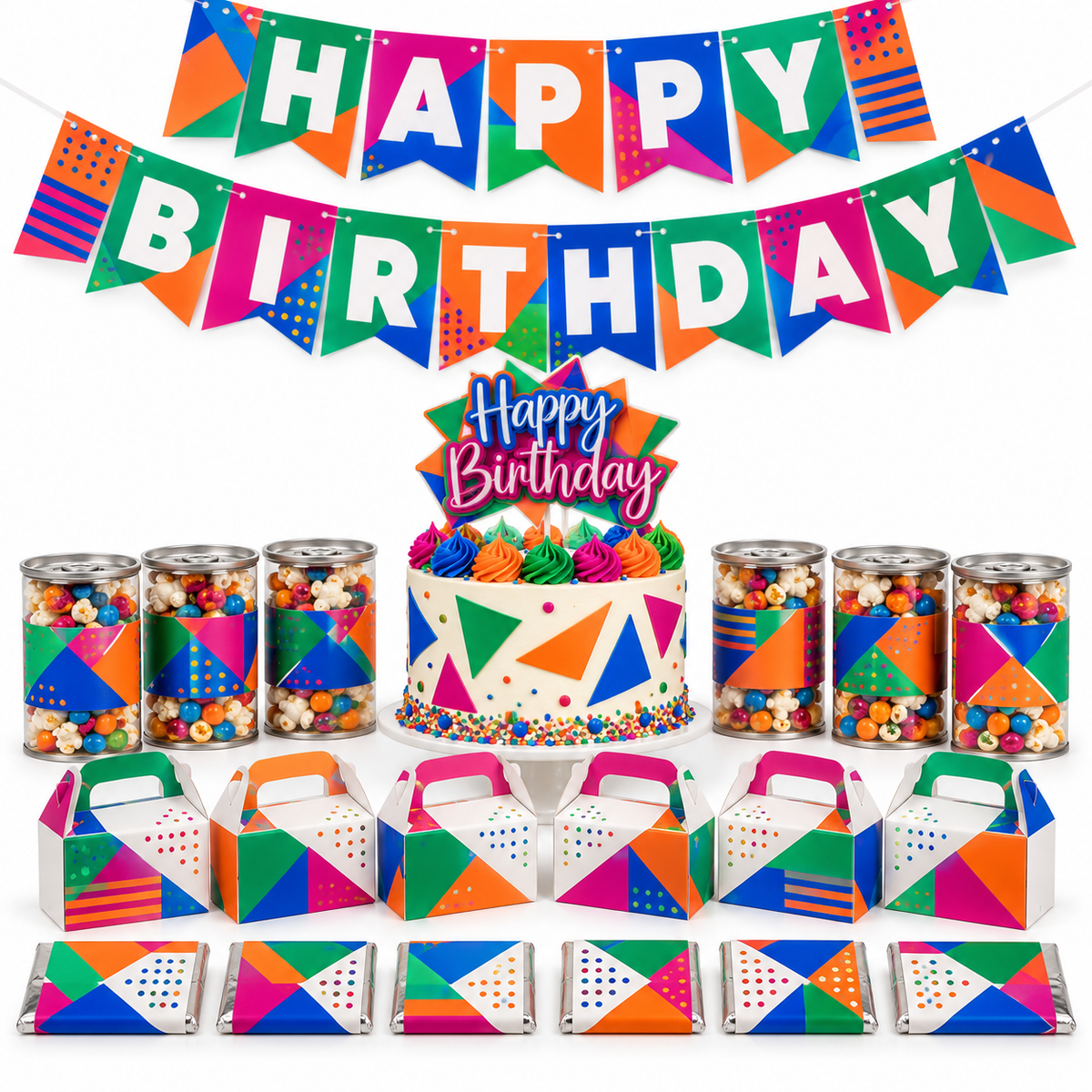 Shake It Up Party custom geometric-theme example with cake topper, banner, shaker snack-can favors, mini spread boxes, and chocolate bars