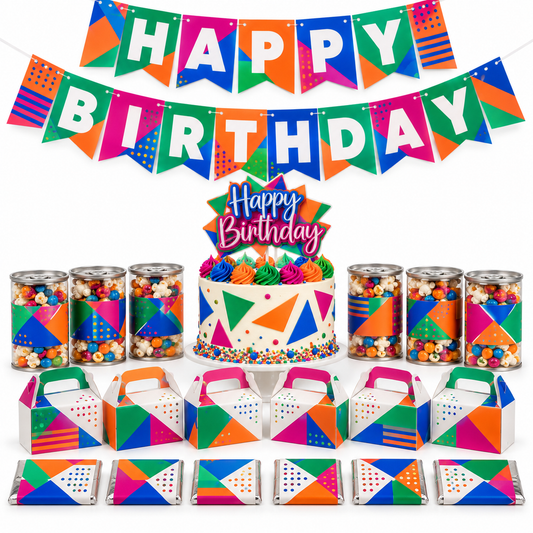 Shake It Up Party custom geometric-theme example with cake topper, banner, shaker snack-can favors, mini spread boxes, and chocolate bars
