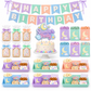 Slumber Party custom pastel-theme example with cake topper, banner, wrapped toaster-pastry favors, cereal boxes, and snack trays