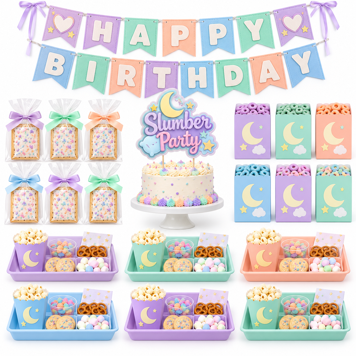 Slumber Party custom pastel-theme example with cake topper, banner, wrapped toaster-pastry favors, cereal boxes, and snack trays
