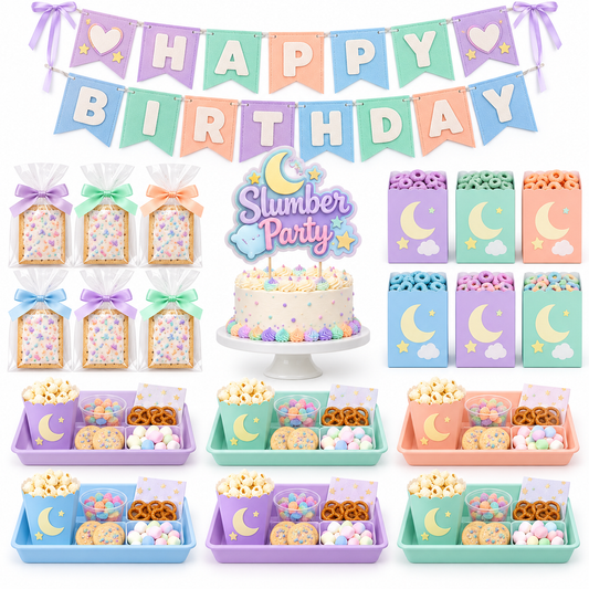 Slumber Party custom pastel-theme example with cake topper, banner, wrapped toaster-pastry favors, cereal boxes, and snack trays