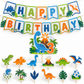 Starter Pack custom dinosaur-theme example with a cake topper, Happy Birthday banner, and twelve cupcake toppers