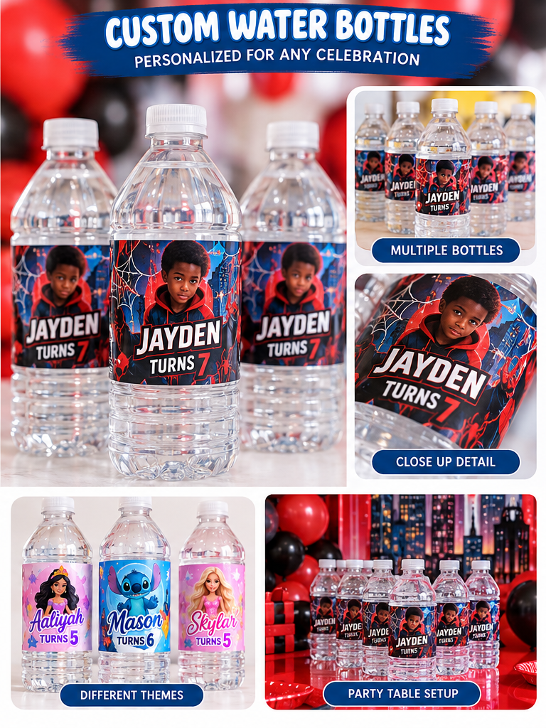 Examples of personalized party water bottles showing group display and close-up label designs