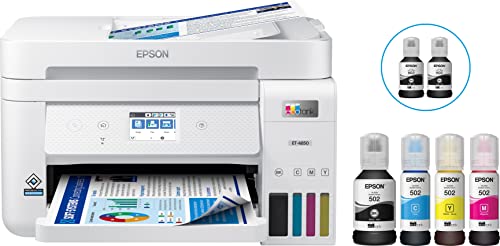 Epson EcoTank ET-4850L Wireless Color All-in-One Printer, Print Scan Copy Fax, 2.4" Touchscreen, Auto-Duplex Printing, ADF and Ethernet, 15.5 PPM, 1200X2400 DPI with Bonus Black Ink and Printer Cable