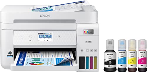 Epson EcoTank ET-4850L Wireless Color All-in-One Printer, Print Scan Copy Fax, 2.4" Touchscreen, Auto-Duplex Printing, ADF and Ethernet, 15.5 PPM, 1200X2400 DPI with Bonus Black Ink and Printer Cable