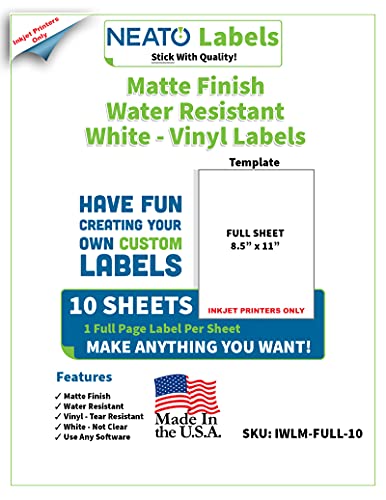 Neato Printable Vinyl for Inkjet Printer – Premium Sticker Paper White Full Sheet Label – 10pcs Matte Sticker Paper Made in The USA – Waterproof and Tear Resistant - 8.5 x 11-inch