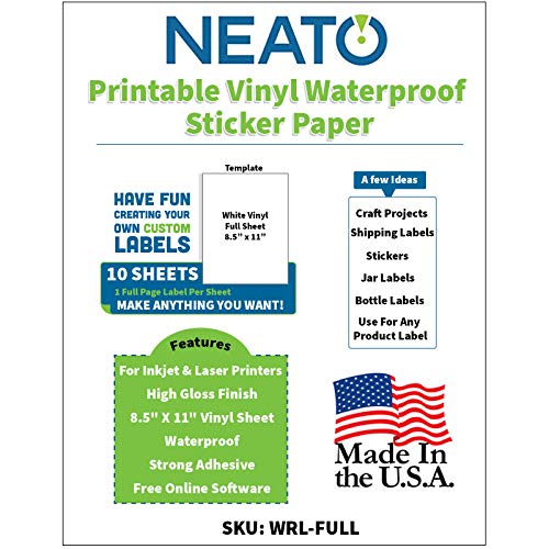 Printable Vinyl Waterproof Sticker Paper for Inkjet and Laser Printer - 10 White Full Sheet Super Glossy Craft Labels - Strong Adhesive - Tear Resistant - Made in The USA - Design Software Included