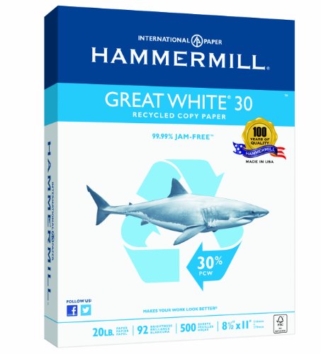 Hammermill Great White, 30% Recycled Printer Paper, Letter, 20lb,  92-Bright, 10 Reams of 500 sheets