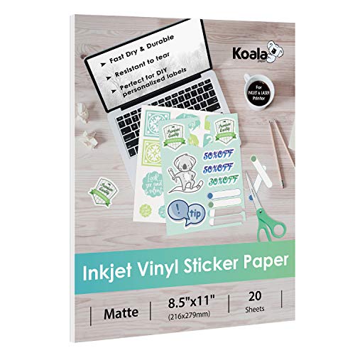 Koala Printable Vinyl Sticker Paper for Inkjet Printer - 20 Sheets Matte White Vinyl Sticker Paper, Waterproof Sticker Paper 8.5x11 Inch, Work with Cutting Machine