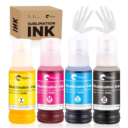 Hiipoo Sublimation Ink for EcoTank Supertank Inkjet Printers ET-2720 ET-2760 ET-2800 ET-15000 ET-2803 ET-2850 ET-3760 ET-4800 ET-4760 Heat Press Transfer on T-Shirt Mug (Autofill/ICC-Free/Anti-UV)